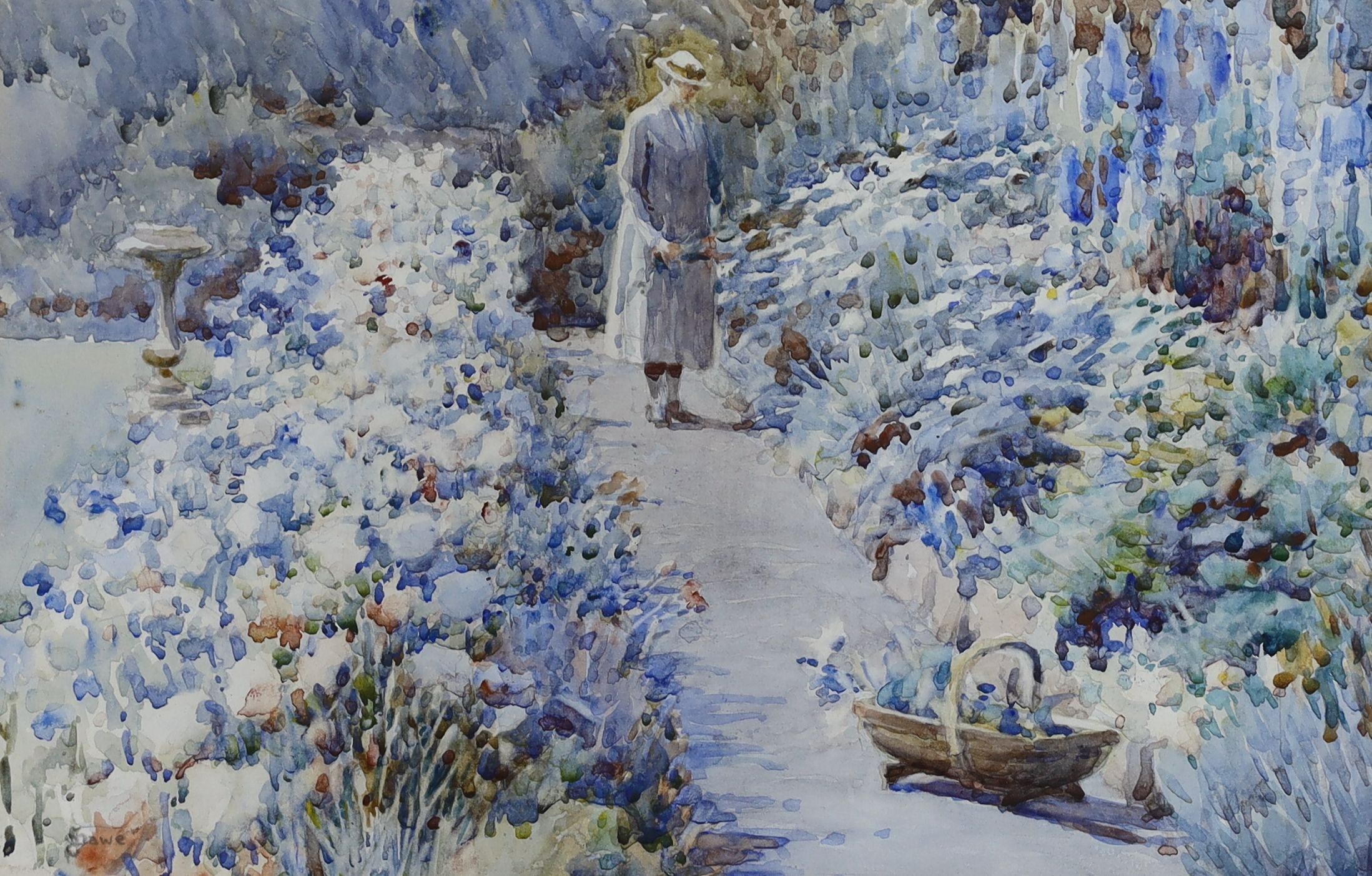 Miss Jessie Dawe (fl.1903-1905), watercolour, 'Greenways Garden, Buxton', signed with label verso, 26 x 40cm
